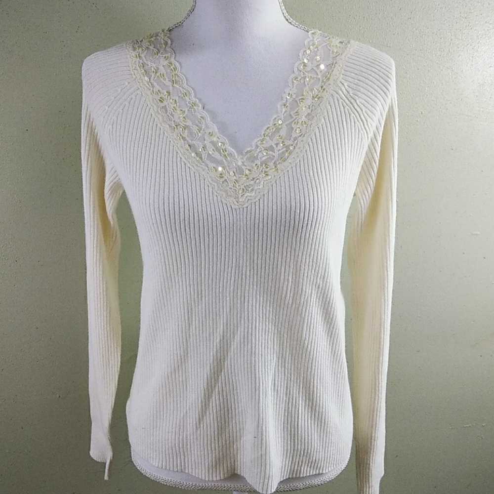 V Front & Back Sweater with Lace & Sequins - L - NWT